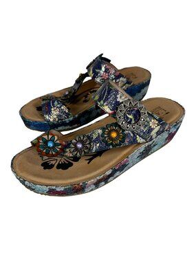L’Artiste Lissableu Wedge Sandals EU 39 Blue Floral Leather Platform Comfort